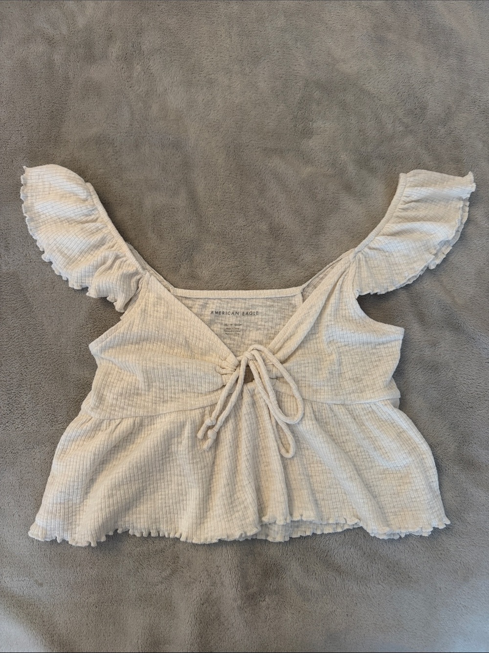 American Eagle Outfitters Cream Ruffle Tie-Front Crop Top